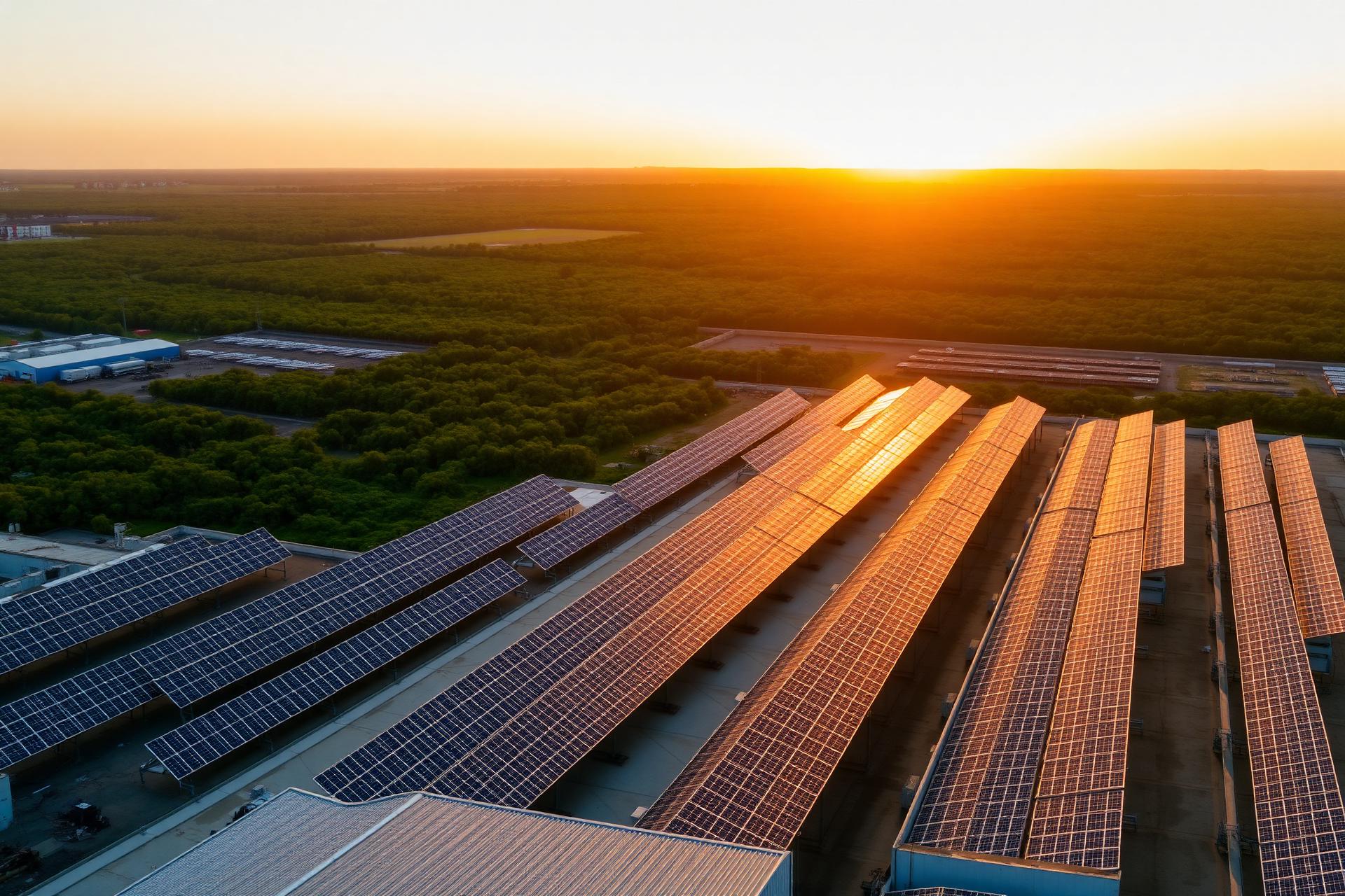 Aerial view of solar panels at sunset